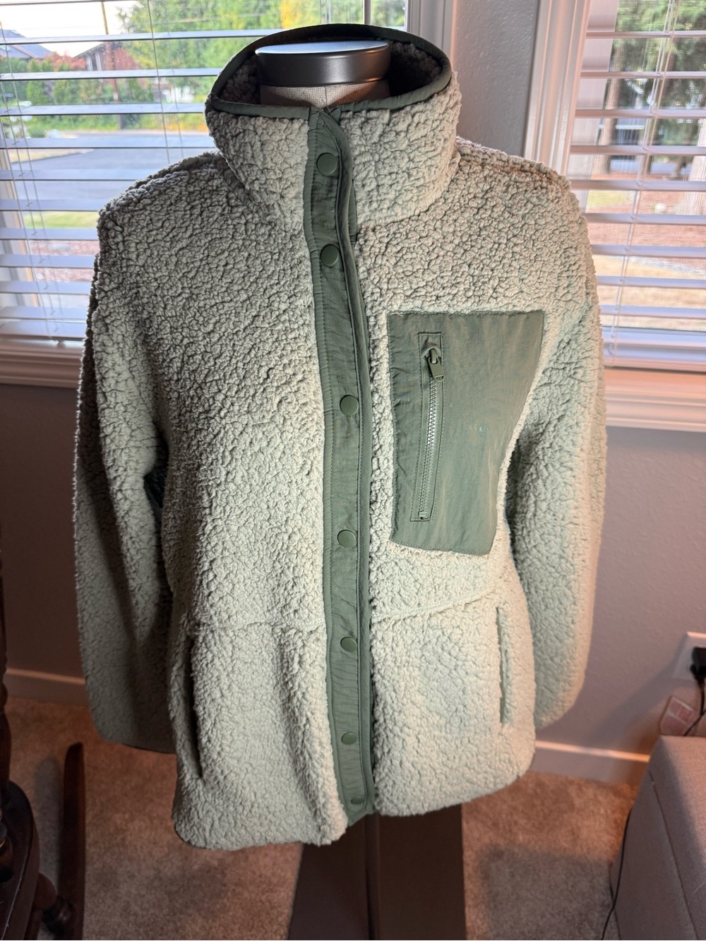 Cozy Cream Teddy Jacket with Olive Trim